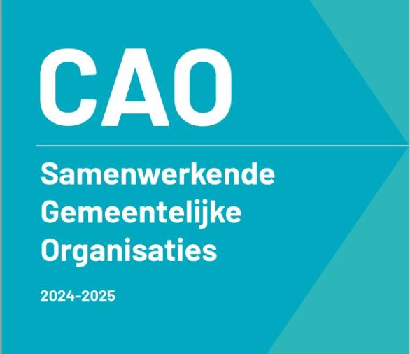 Voorkant Cao boekje met alleen tekst CAo SGO 2024-2025 in de kleuren wit met de achtergrond turquoise en zeegroen