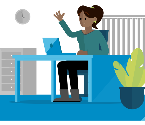 Animatiepoppetje donkere dame achter bureau 