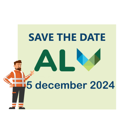 Tekst save the date ALV 5 december 2024 met een animatiepoppetje die naar de tekst wijst. 