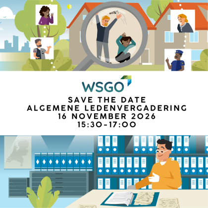 Save the date ALV 16 november met afbeelding van een veiligheidshuis en historisch archief de lid van de WSGo kunnen zijn. 