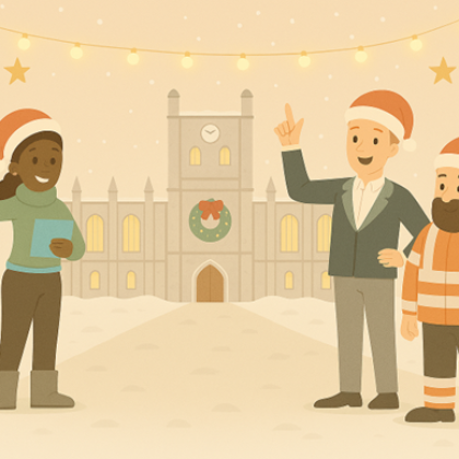 3animatiepoppetjes met een kerstmuts op voor een besneeuwde willemshof die zwaaien