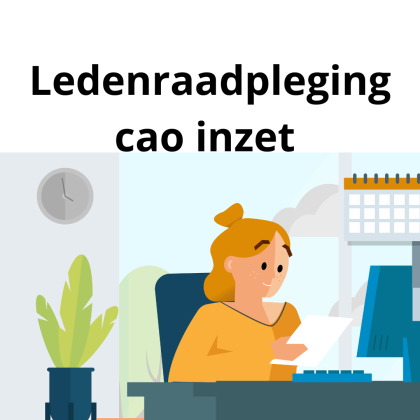 Animatie - Dame die achter een bureau zit die de ledenraadpleging invult. 