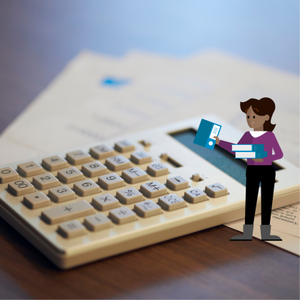 Animatiepoppetje met mappen in haar hand met een super grote rekenmachine