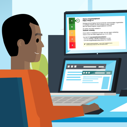 Een animatiepoppetje mannelijk donker getint die achter de computer zit waar op staat A status Website wsgo.nl toegankelijkheid 