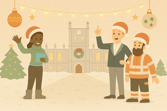 3animatiepoppetjes met een kerstmuts op voor een besneeuwde willemshof die zwaaien